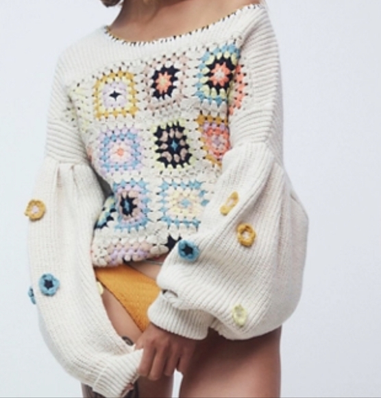 Free People Granny Square crochet oversized sweater size Large - Picture 4 of 13
